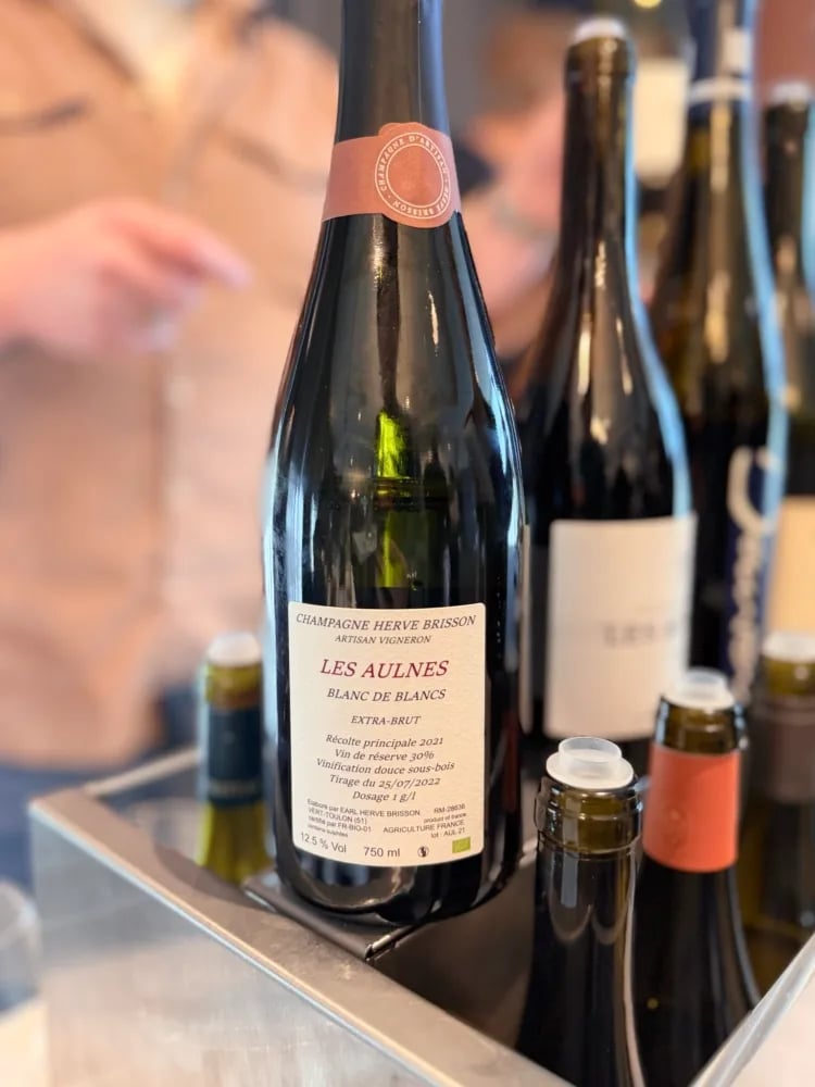 Hervé Brisson Les Aulnes Blanc de Blancs Extra-Brut: back label showing 1g/L dosage and 2021 récolte