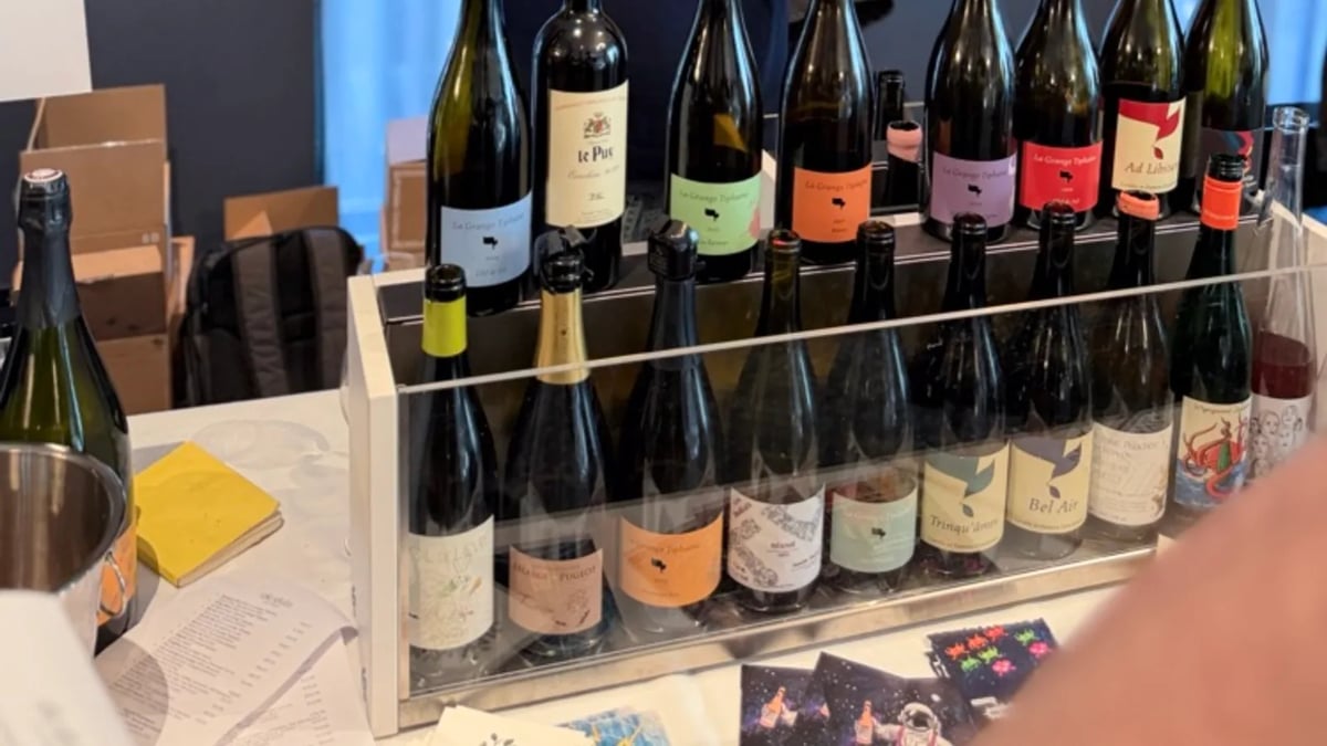 Marnix Rombaut at the Daxivin table with a wall of La Grange Tiphaine, Le Puy and Bel Air bottles