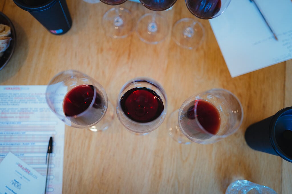 Top-down view of three glasses of red wine on a wooden table with a tasting sheet and pen