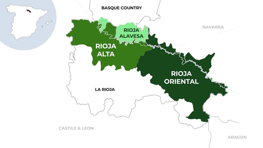Map of Rioja in northern Spain showing the three subregions Rioja Alta, Rioja Alavesa and Rioja Oriental