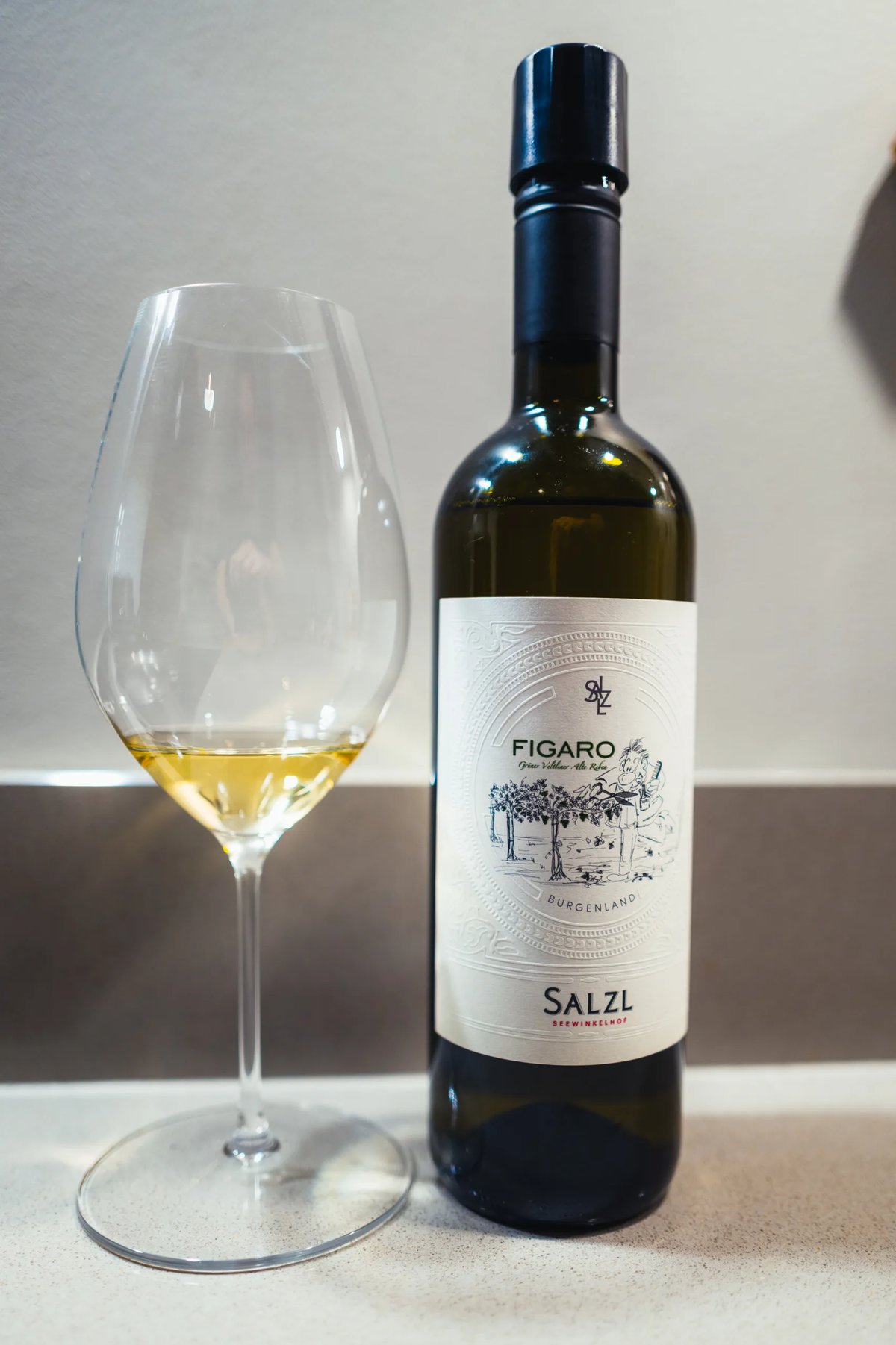 Salzl Figaro Grüner Veltliner bottle beside a glass of pale white wine