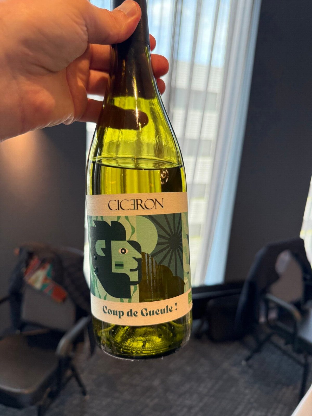Hand holding a bottle of Cicéron Coup de Gueule white wine with a graphic green label