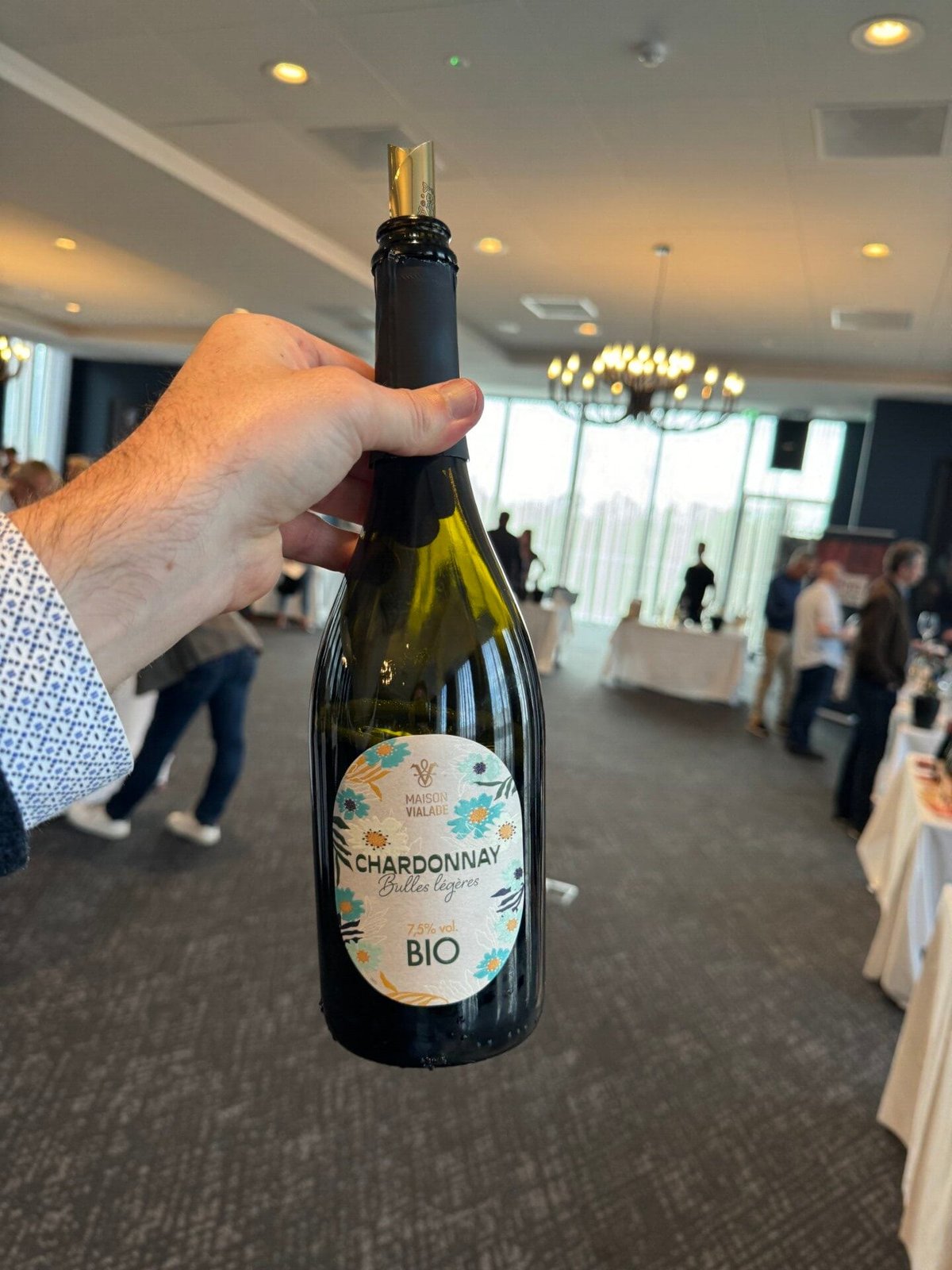 Hand holding a Maison Vialade Chardonnay Bulles Légères Bio sparkling bottle in the tasting room