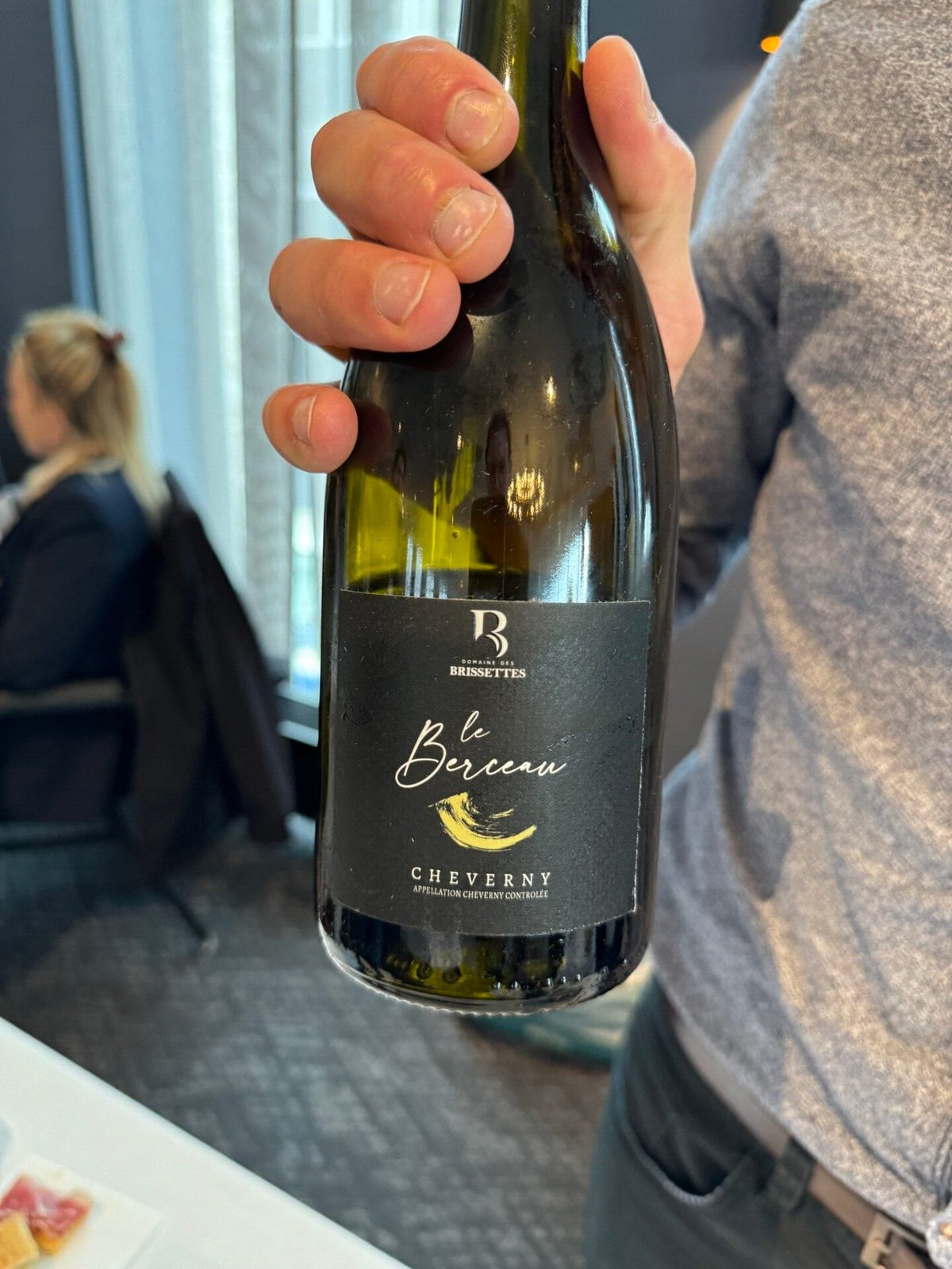 Hand holding a bottle of Domaine des Brissettes Le Berceau Cheverny near a window