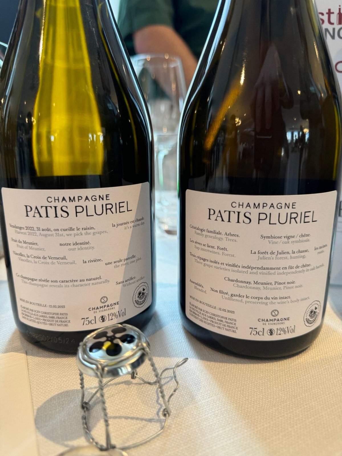 Back labels of two Champagne Patis Pluriel bottles with French and English text
