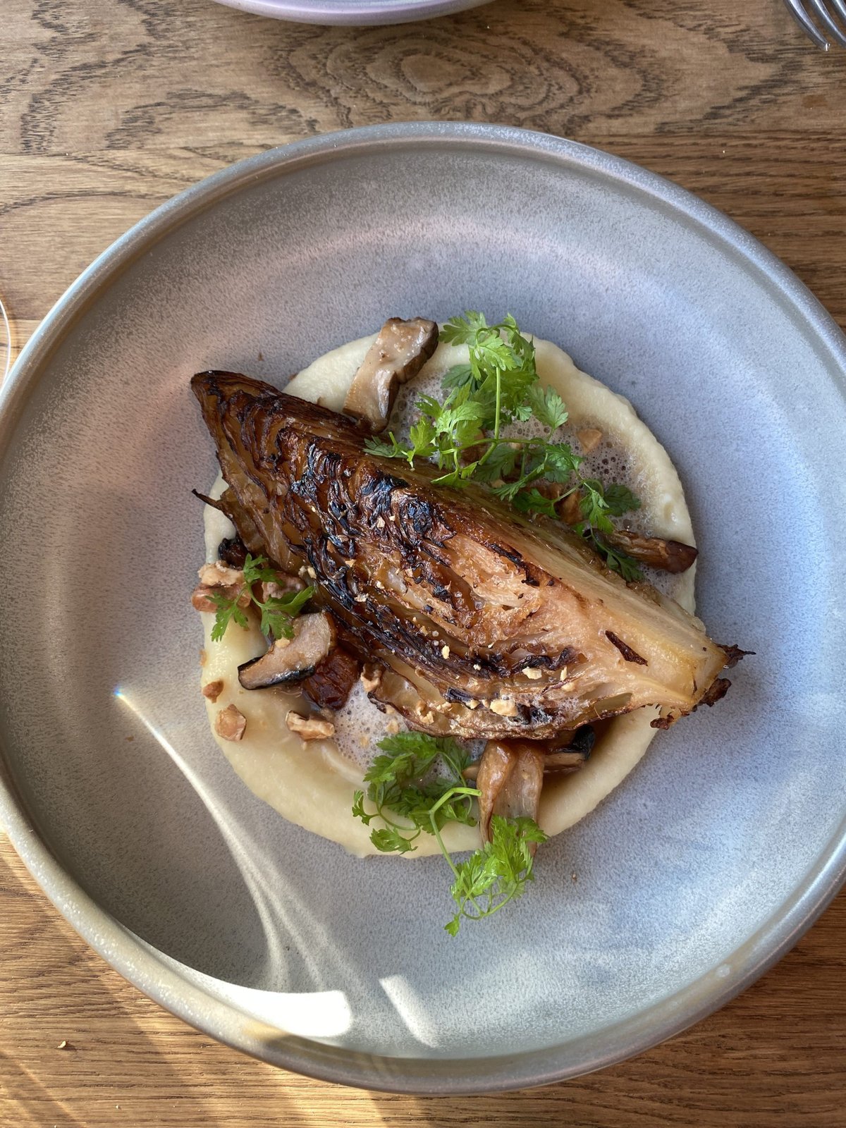 Charred braised cabbage leaf on pale puree with mushrooms and herbs in a grey bowl