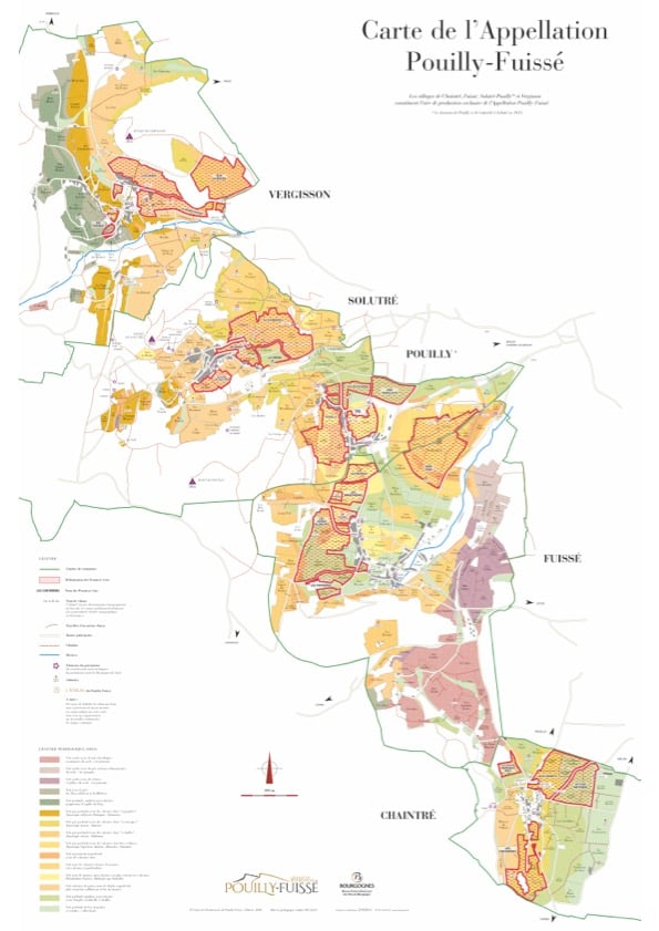 Terroir map Carte de l'Appellation Pouilly-Fuissé showing the villages Vergisson, Solutré, Pouilly, Fuissé and Chaintré