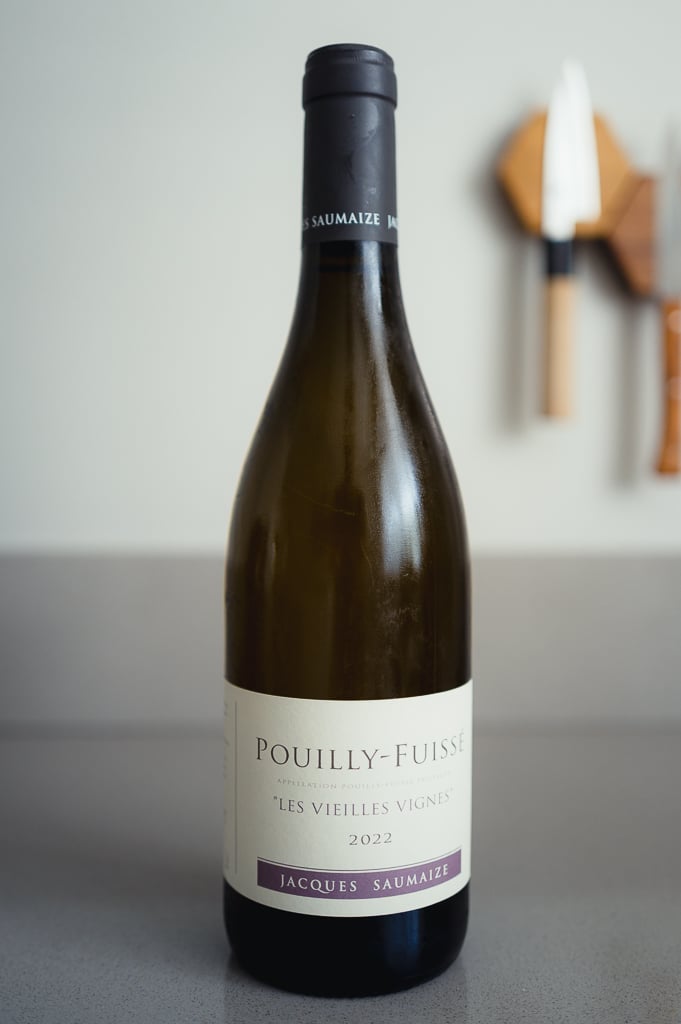 Bottle of Jacques Saumaize Pouilly-Fuissé Les Vieilles Vignes 2022 with a purple accent band