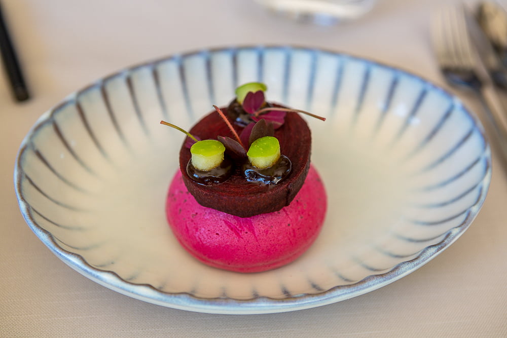 Plated beetroot dish with a bright magenta mousse and a dark tart garnished with leaves