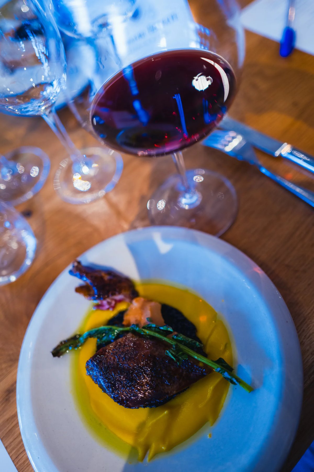 Seared meat course in yellow sauce on a white plate with a glass of red wine alongside