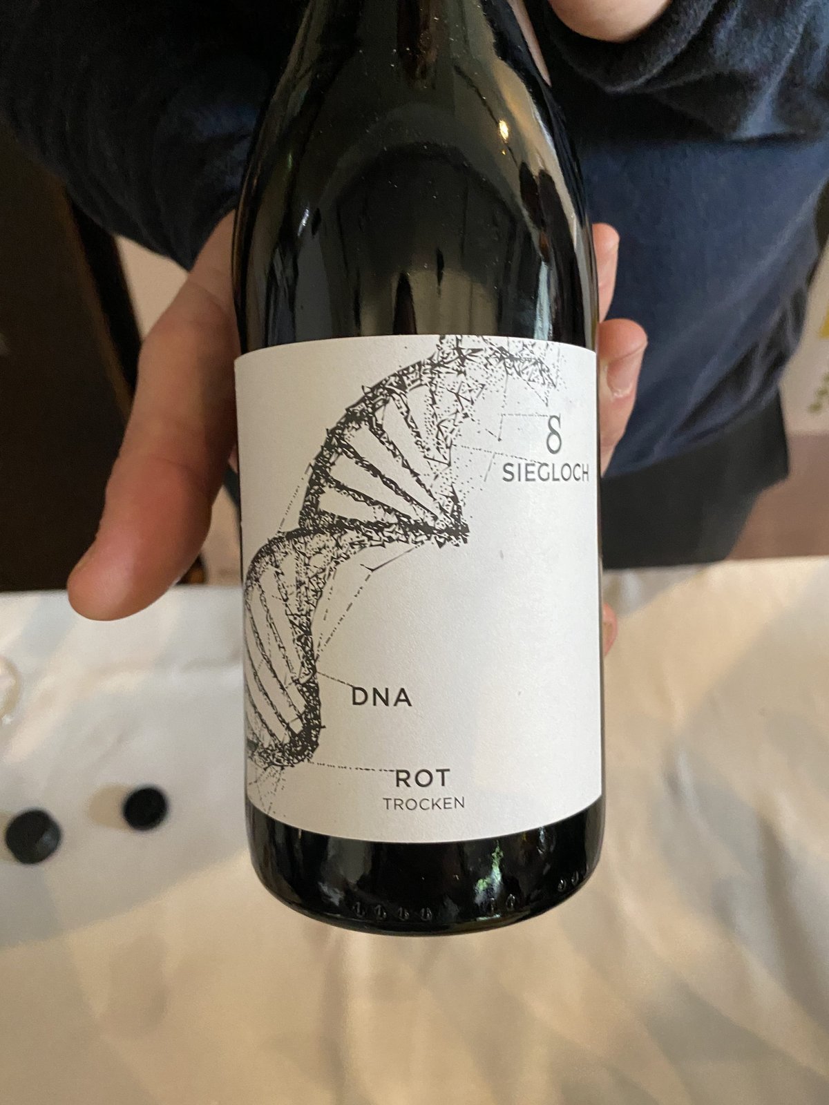 Hand holding a Siegloch DNA Rot Trocken bottle with a DNA-helix illustration on the label