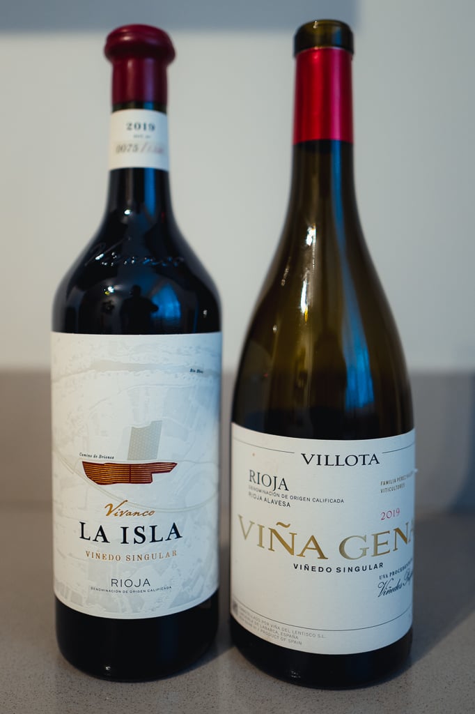Two bottles of red Rioja side by side: Vivanco La Isla and Viña Gena Villota Viñedo Singular