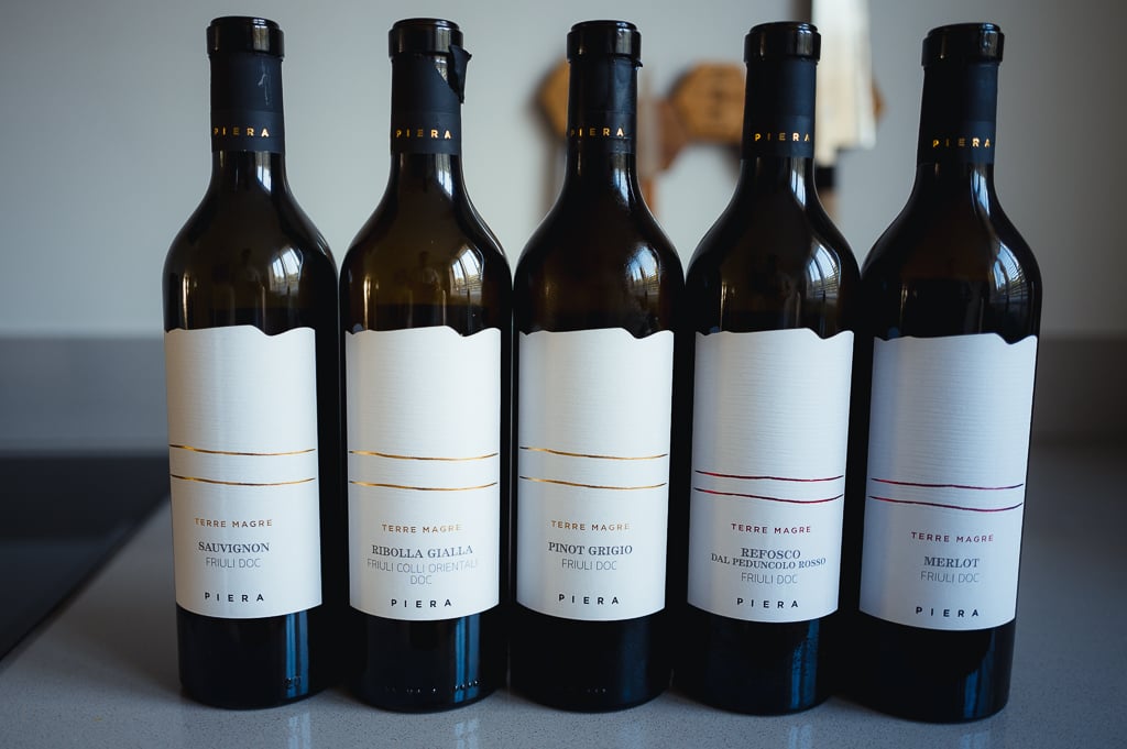 Five Piera Terre Magre bottles in a row from Sauvignon and Ribolla to Merlot