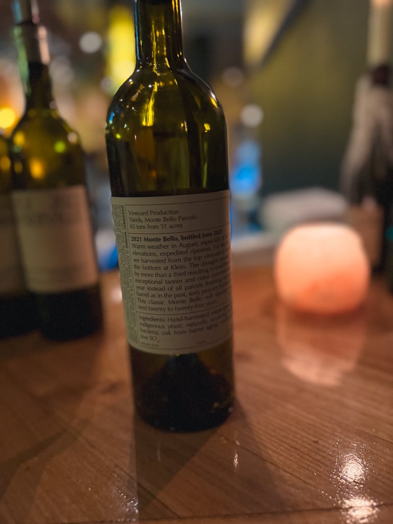 Back label of the Ridge Monte Bello 2021 bottle with its detailed vintage notes