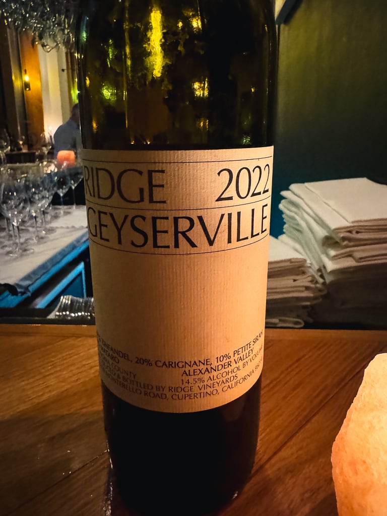 Front label close-up of the Ridge Geyserville 2022 Alexander Valley bottle