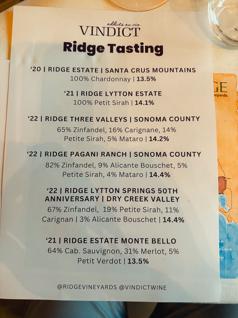 Vindict Ridge Tasting menu sheet listing the wines from Estate Chardonnay to Monte Bello