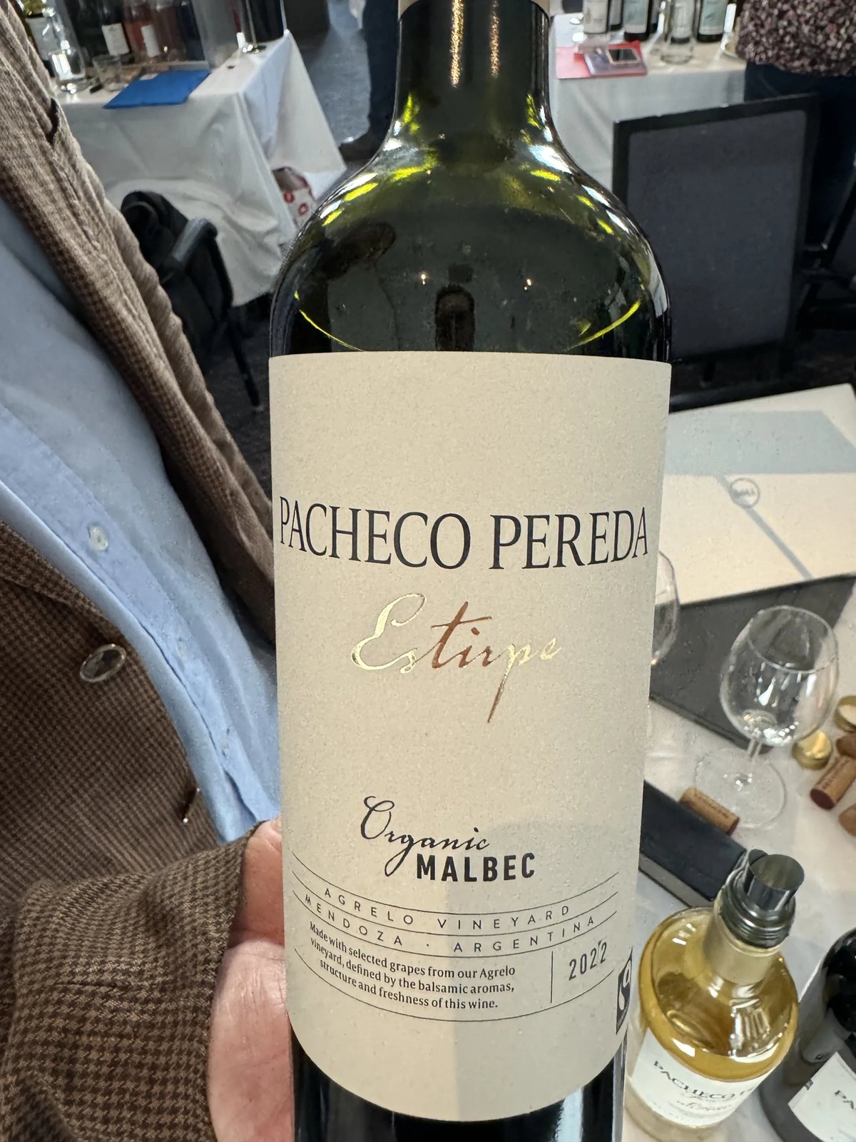 Hand holding a Pacheco Pereda Estirpe Organic Malbec 2022 bottle from Agrelo, Mendoza