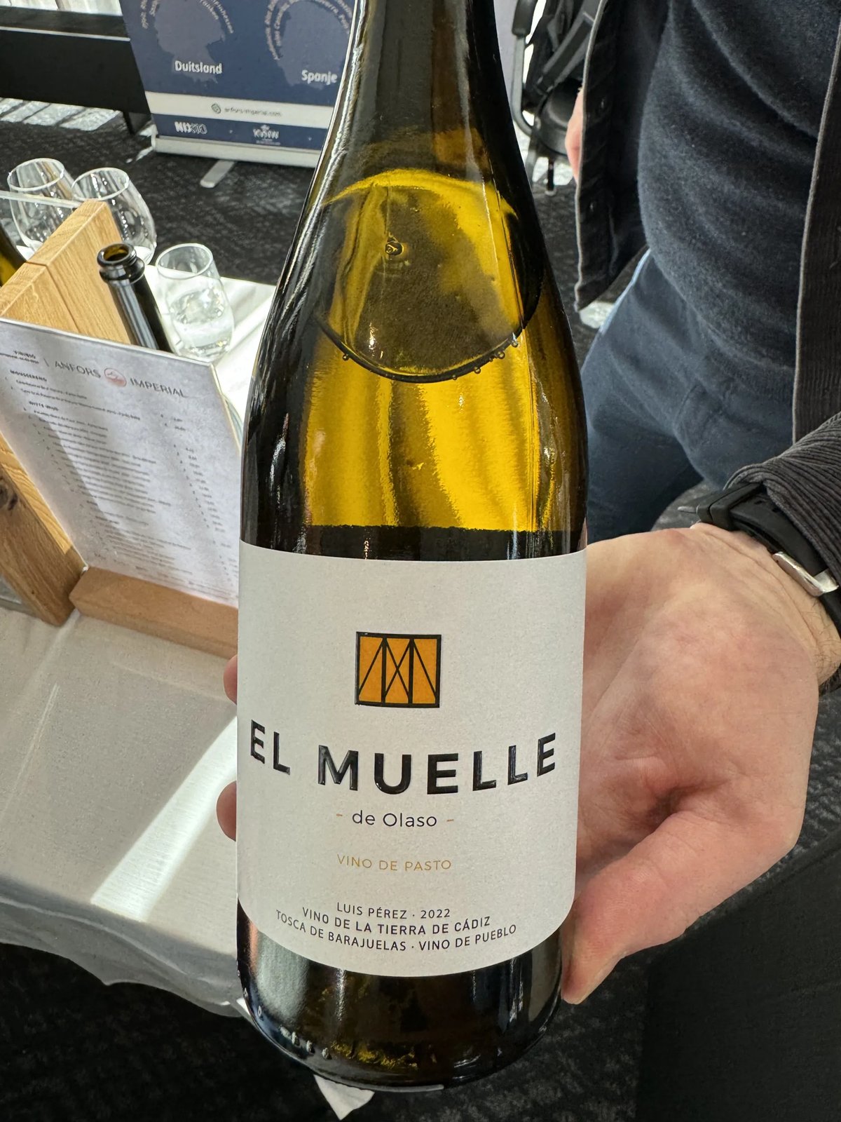 Hand holding an El Muelle de Olaso Vino de Pasto 2022 white-wine bottle by Luis Pérez