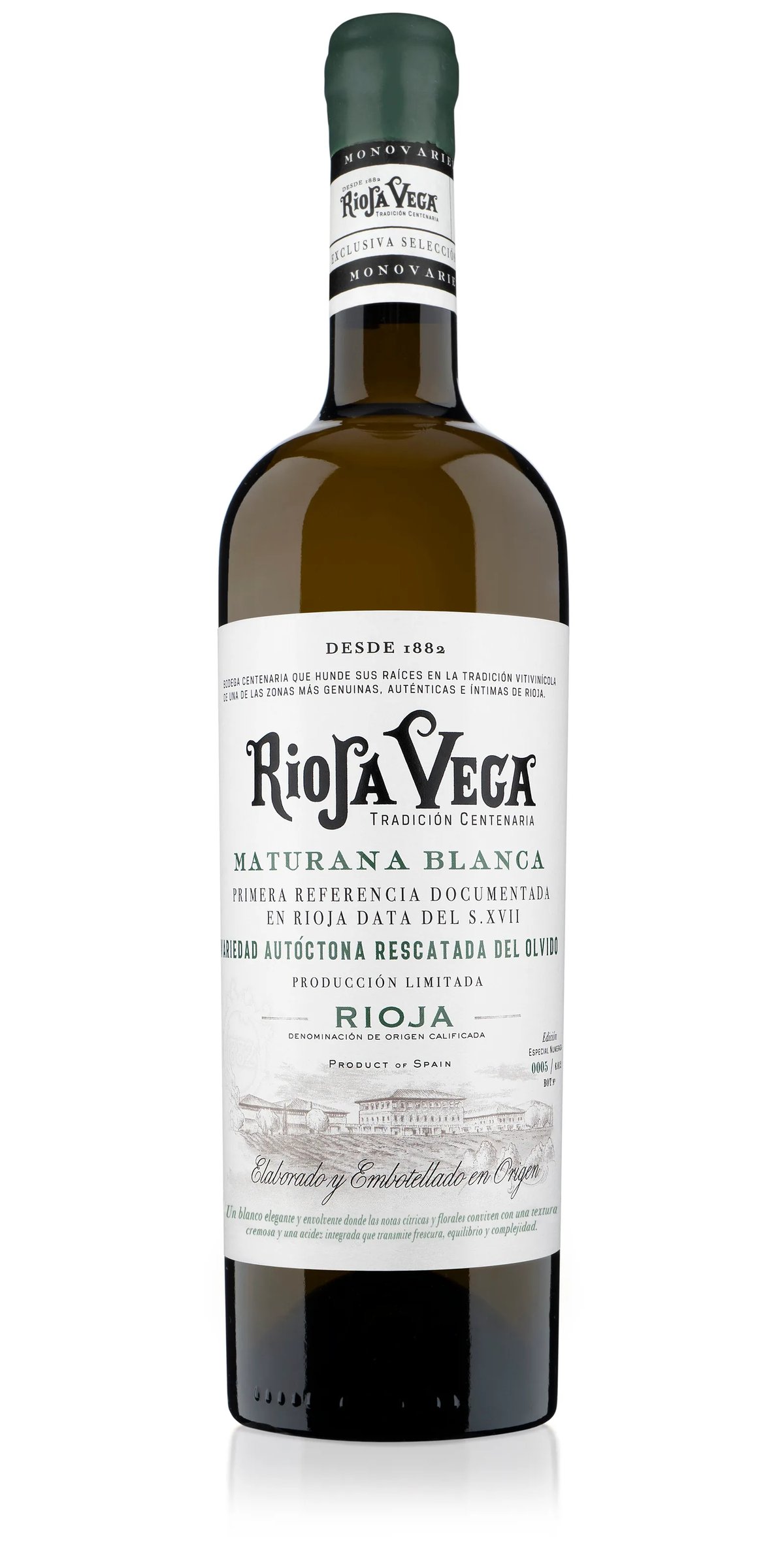 Bottle of Rioja Vega Maturana Blanca 2025 with white label on a white background