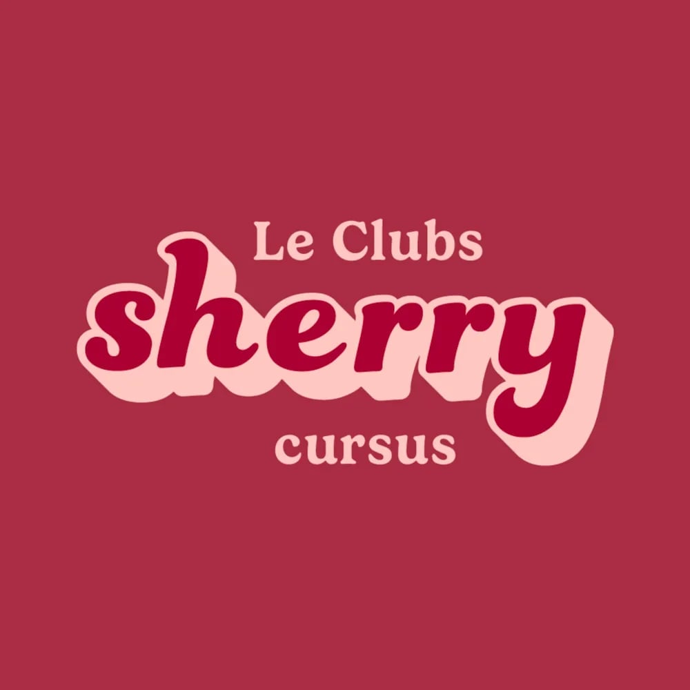 Announcement graphic for Le Clubs sherry course: the word sherry in pink script lettering on a deep red background