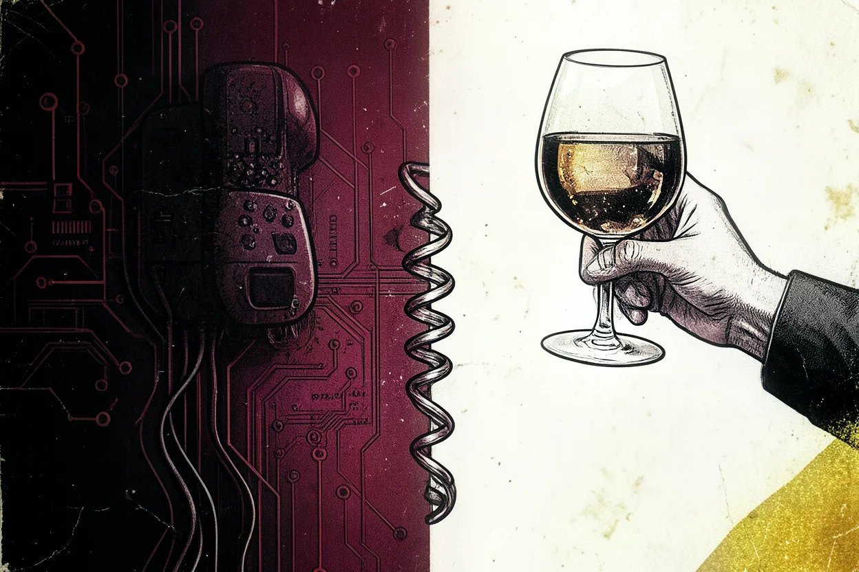 Brutalist illustration of AI in restaurants: a robotic phone facing a hand pouring wine