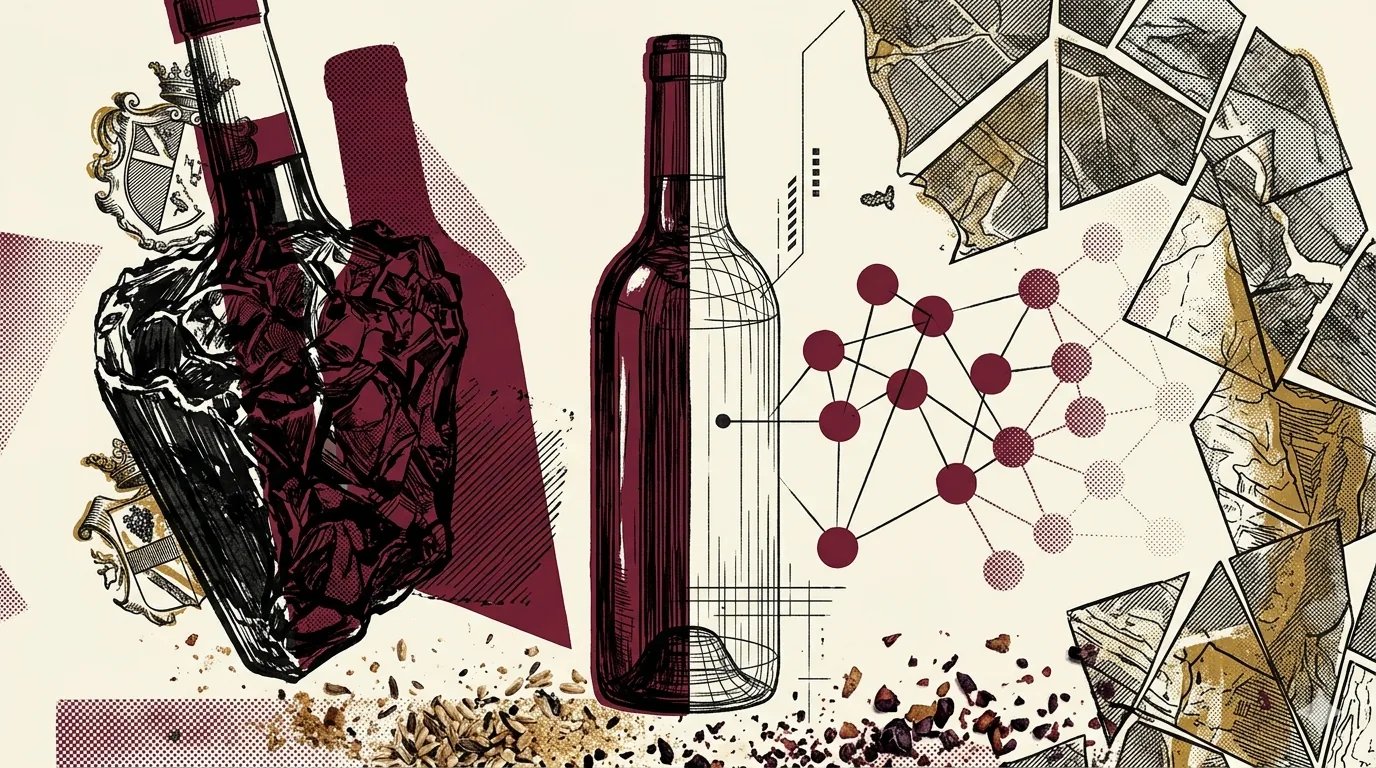 Brutalist illustration: a monolithic wine bottle split between solid mass and wireframe silhouette, hovering above a partially filled supply chain network over a fragmented Italian vineyard map