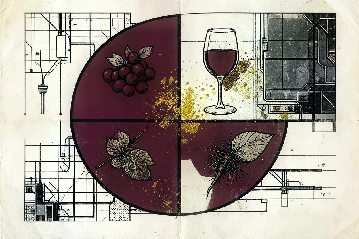 Burgundy moon disc quartered with a grape cluster, a leaf and a root, a wine glass beside it over a technical blueprint