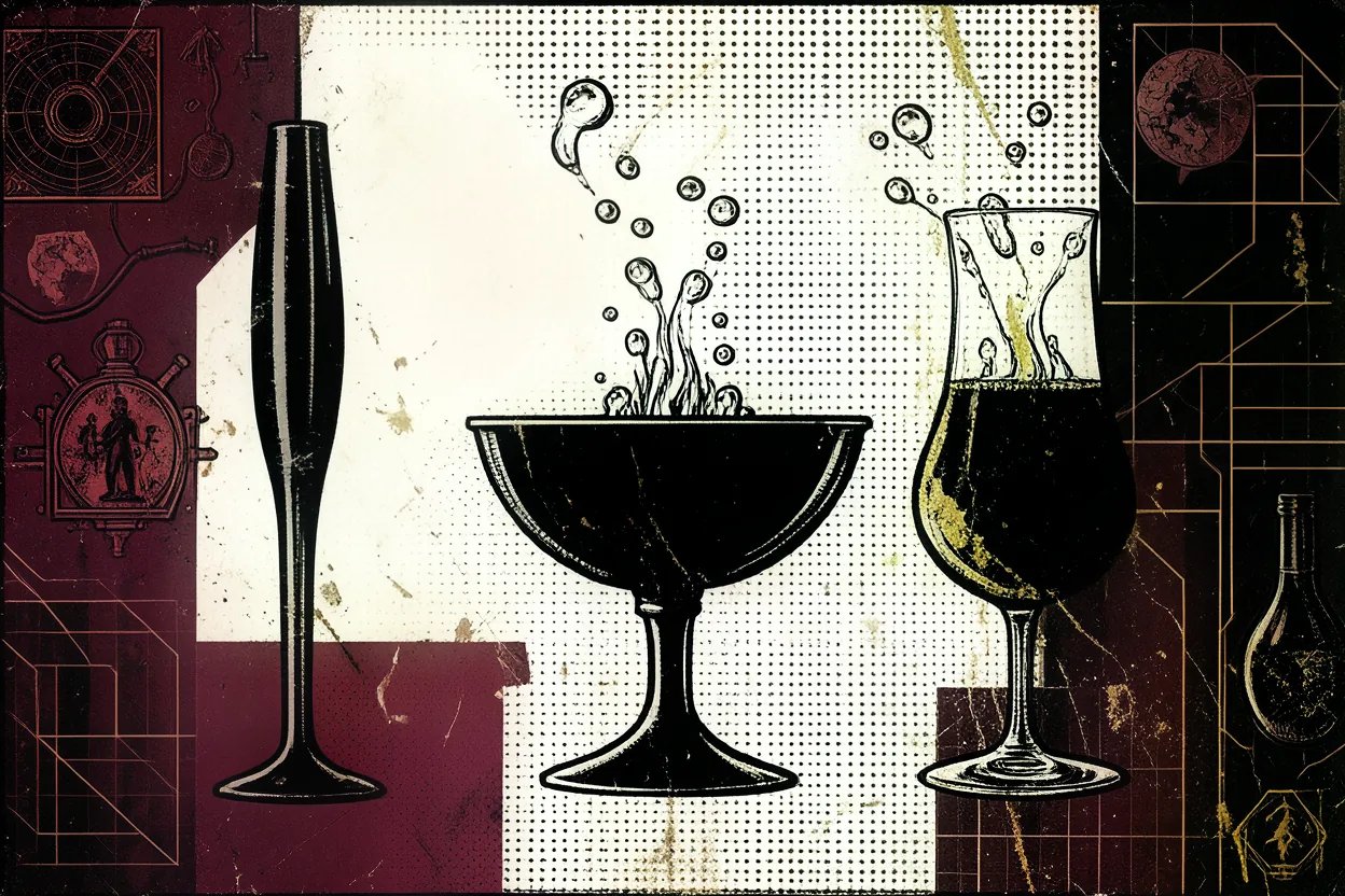 Three Champagne glasses lined up: a flute, a coupe, and a tulip-shaped wine glass, all filled with Champagne.