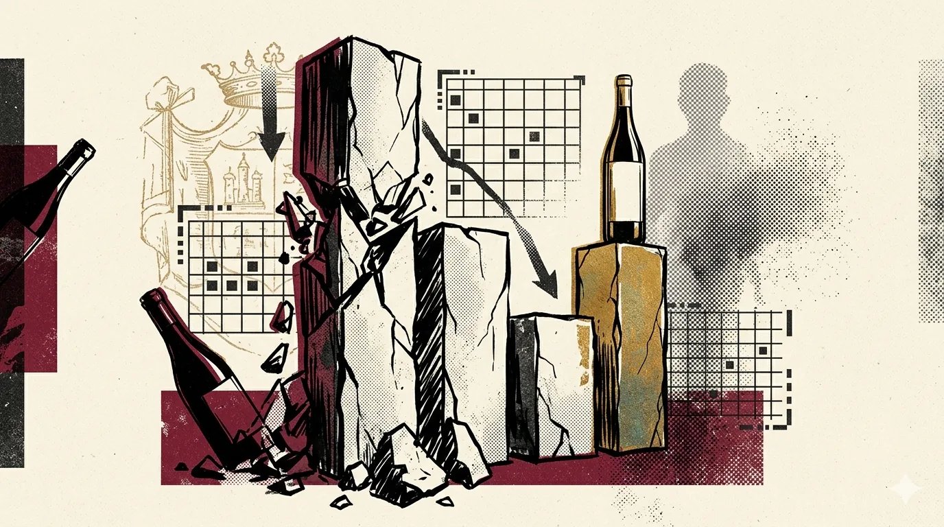 Brutalist illustration of a fractured stone bar chart, one column collapsing into shards while a smaller gilded column with intact wine bottle rises, metaphor for wine market 2026.
