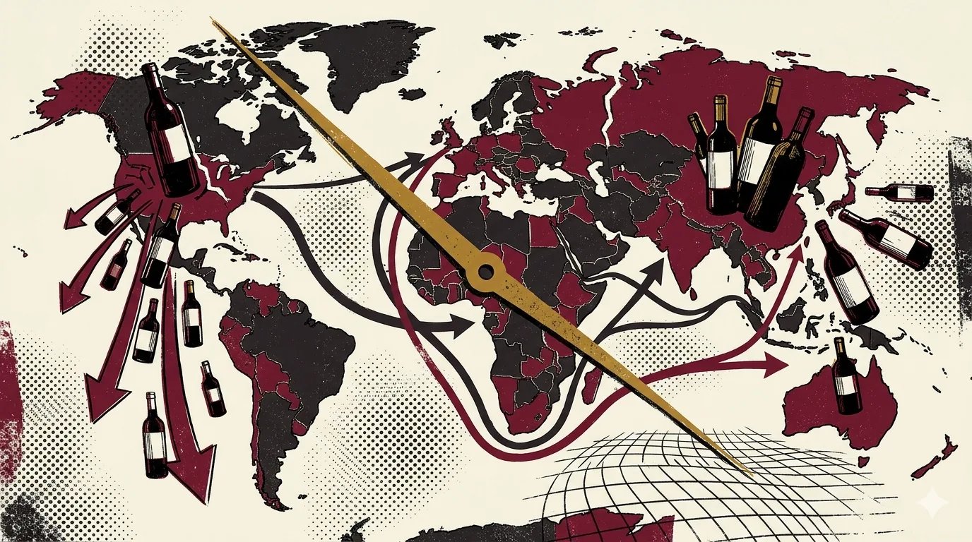 Brutalist illustration of a fragmented world map in deep burgundy and charcoal, wine bottles rising from different continents, halftone dot pattern across the oceans.