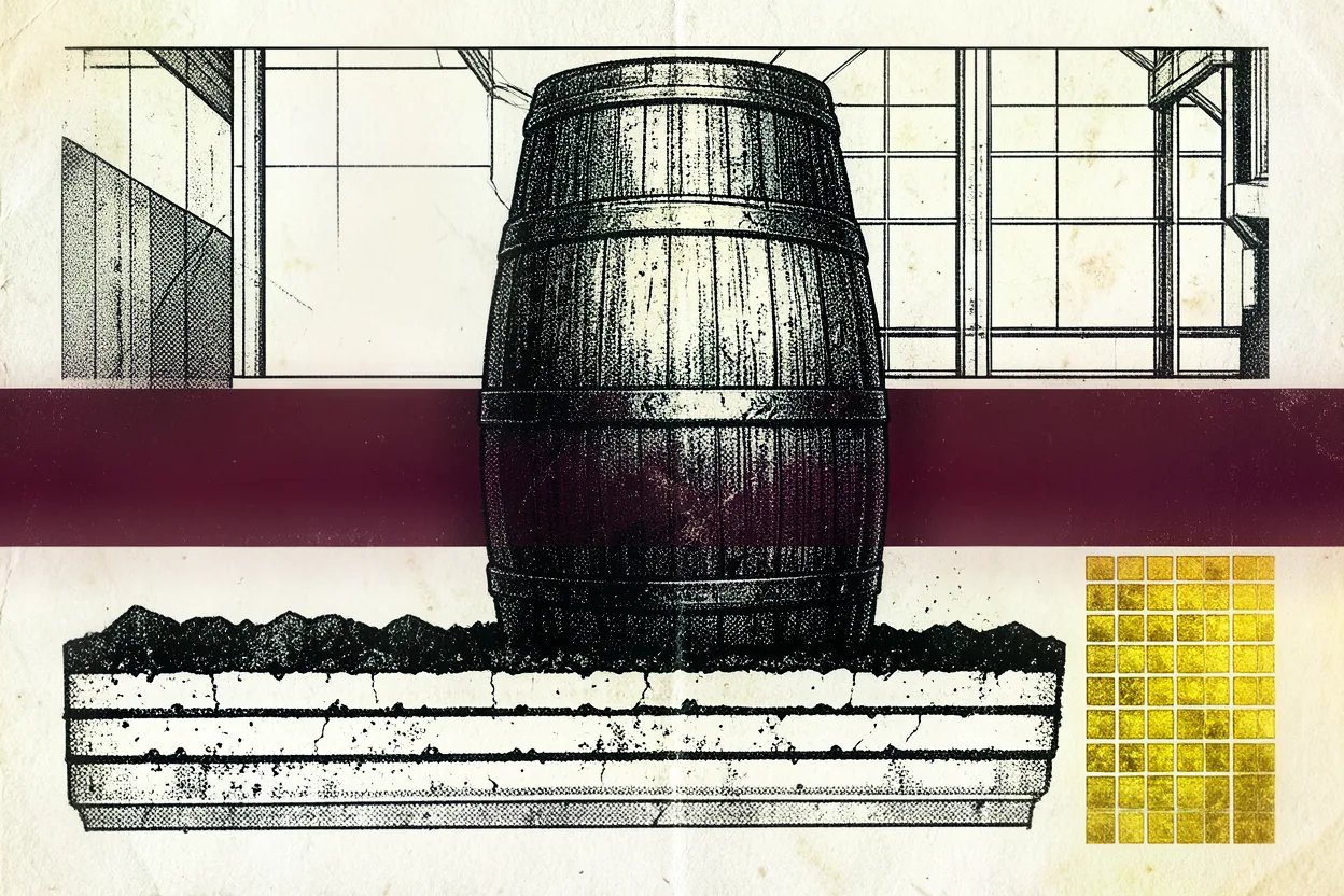 Brutalist illustration of a sherry cask cut across by a horizontal burgundy band, with a cross-section of white albariza soil beneath