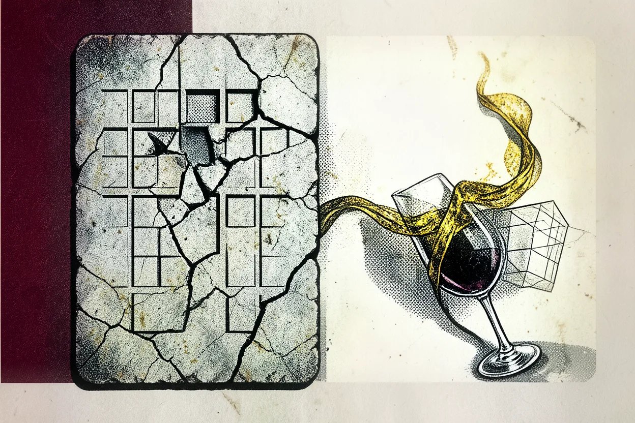Cracked stone tablet with empty boxes beside a wine glass pouring a golden ribbon, illustration about wine scores