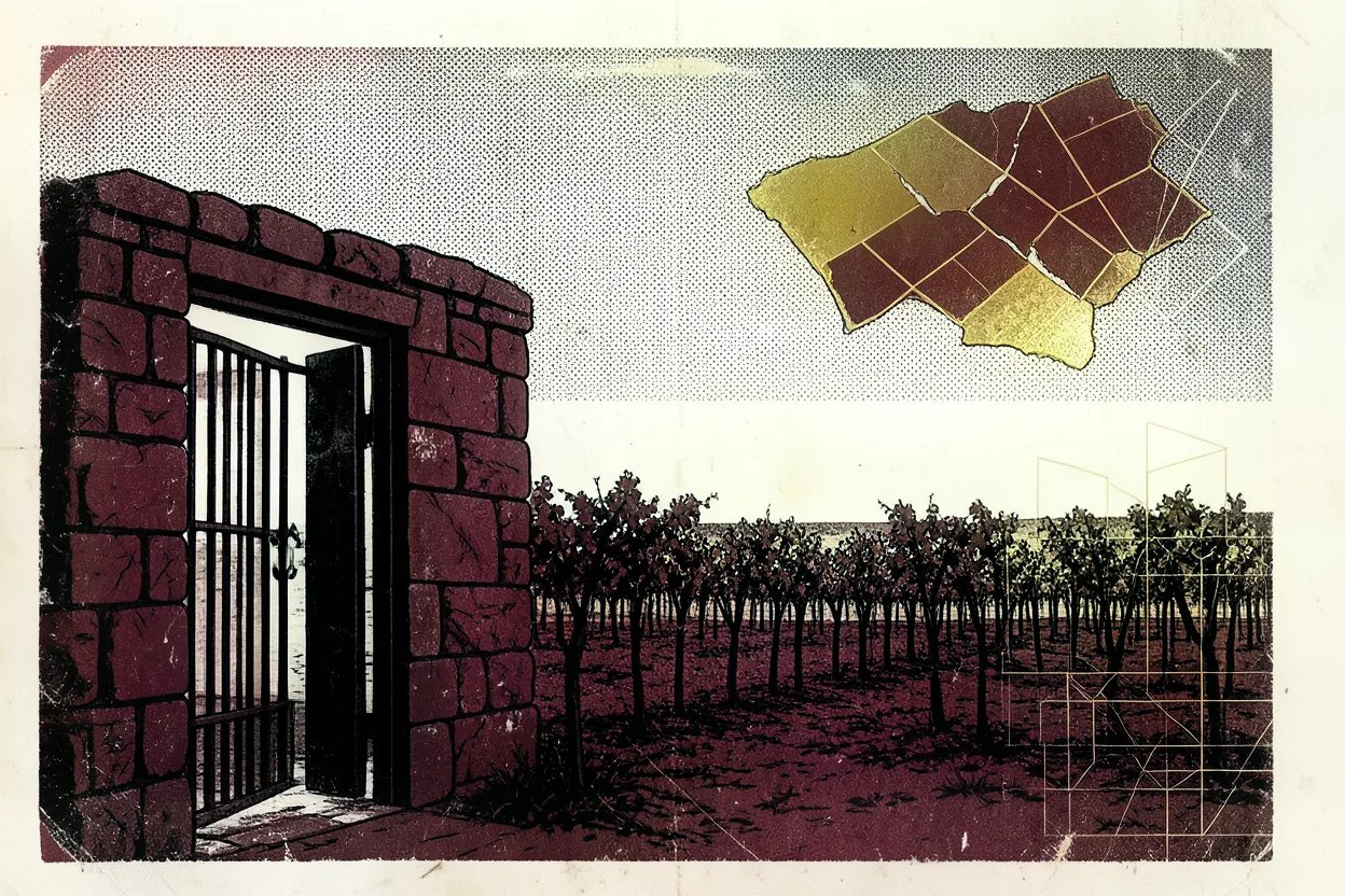 Brutalist illustration of an open iron gate in a burgundy stone wall, rows of vines beyond it and a cracked gold parcel map floating in the sky.