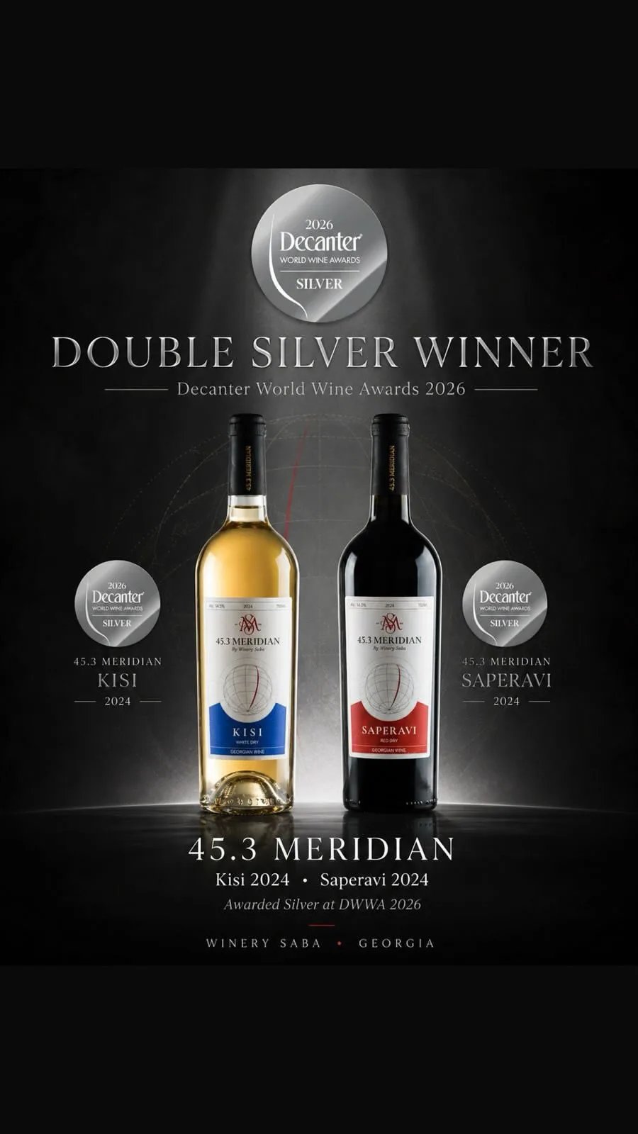 Winery Saba 45.3 Meridian Kisi and Saperavi 2024, double silver at the Decanter World Wine Awards 2026