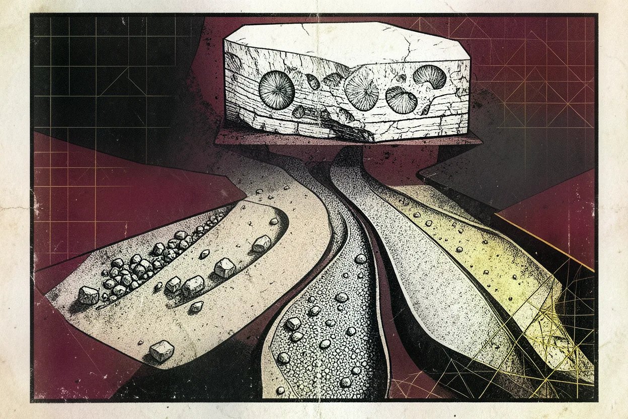 Editorial brutalist composition: a river bend splitting into seven streams, each with a different stone pattern, halftone texture
