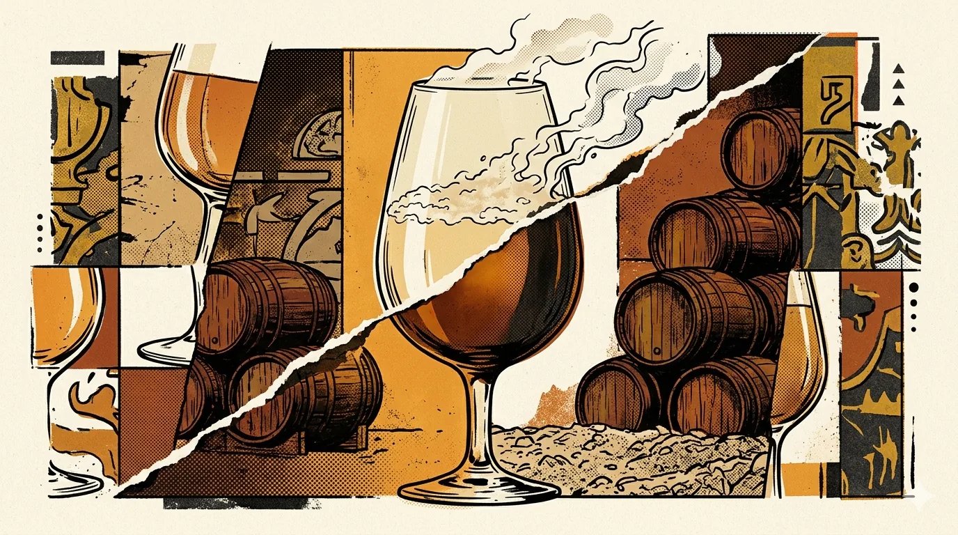 Editorial brutalist illustration of a two-stage sherry barrel: a white flor layer breaking apart on the left, an amber oxidative cask on the right, in burgundy, cream and oxidized gold