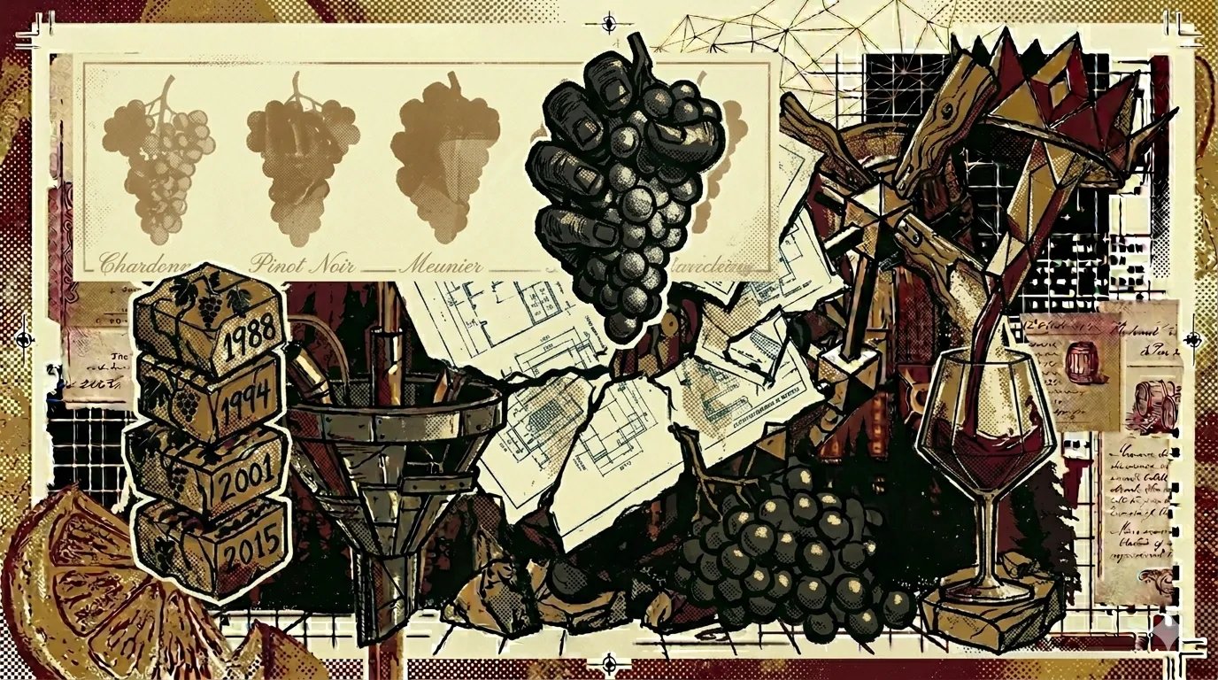 Four faded grape silhouettes in sepia behind a single dominant cluster, brutalist composition