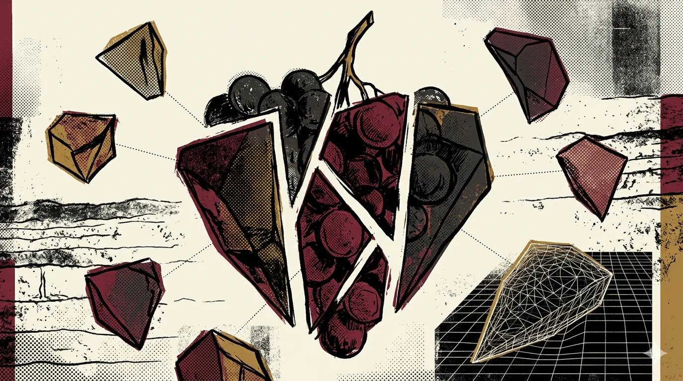 Nine grape varieties of Champagne in brutalist illustration, cross-section of a bunch