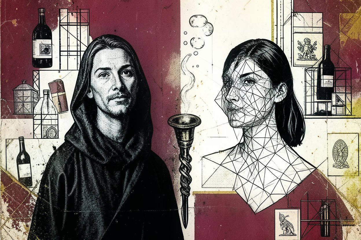 Diptych portrait of a classical maison monk and a contemporary vigneronne, brutalist collage