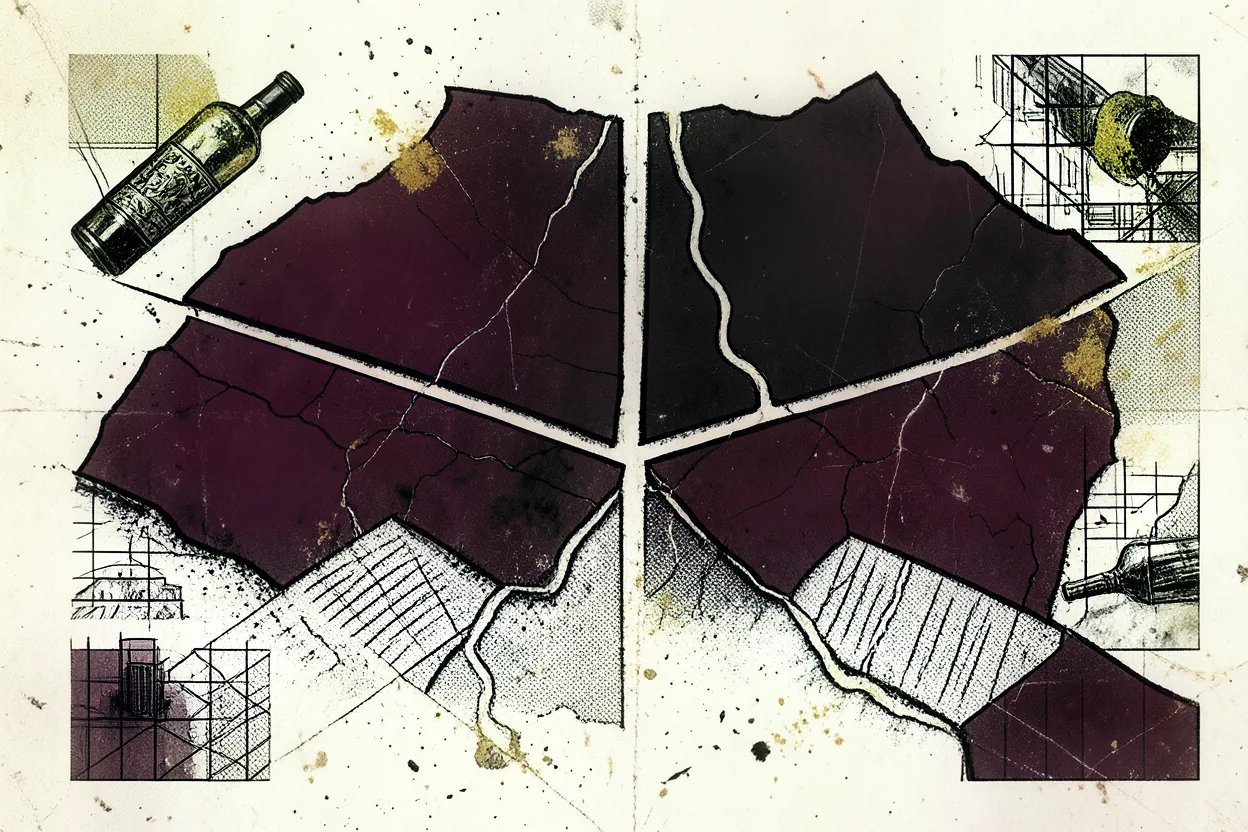 Map of Champagne with four subregions, chalk soils and vineyards, brutalist style