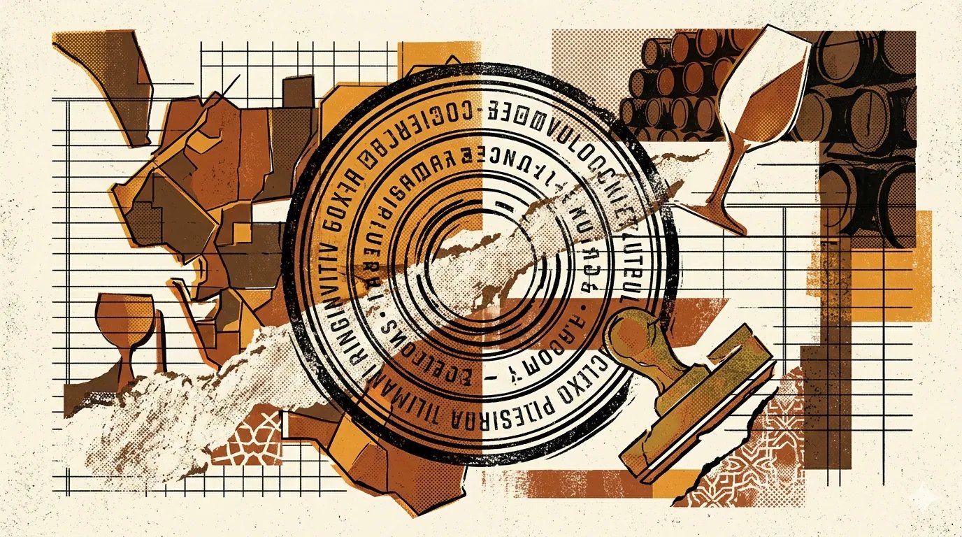 Editorial brutalist illustration of a Consejo Regulador seal: a fragmented triangle of chalk-white albariza stone, cut by a numbered back-label band, with silhouettes of solera barrels at the corners