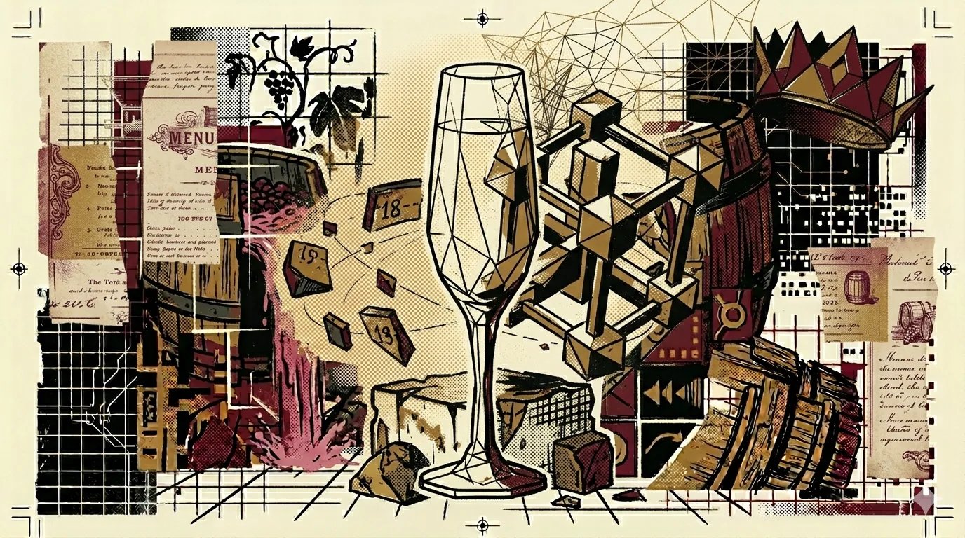 Sugar crystal lattice fused with a champagne flute outline, brutalist composition
