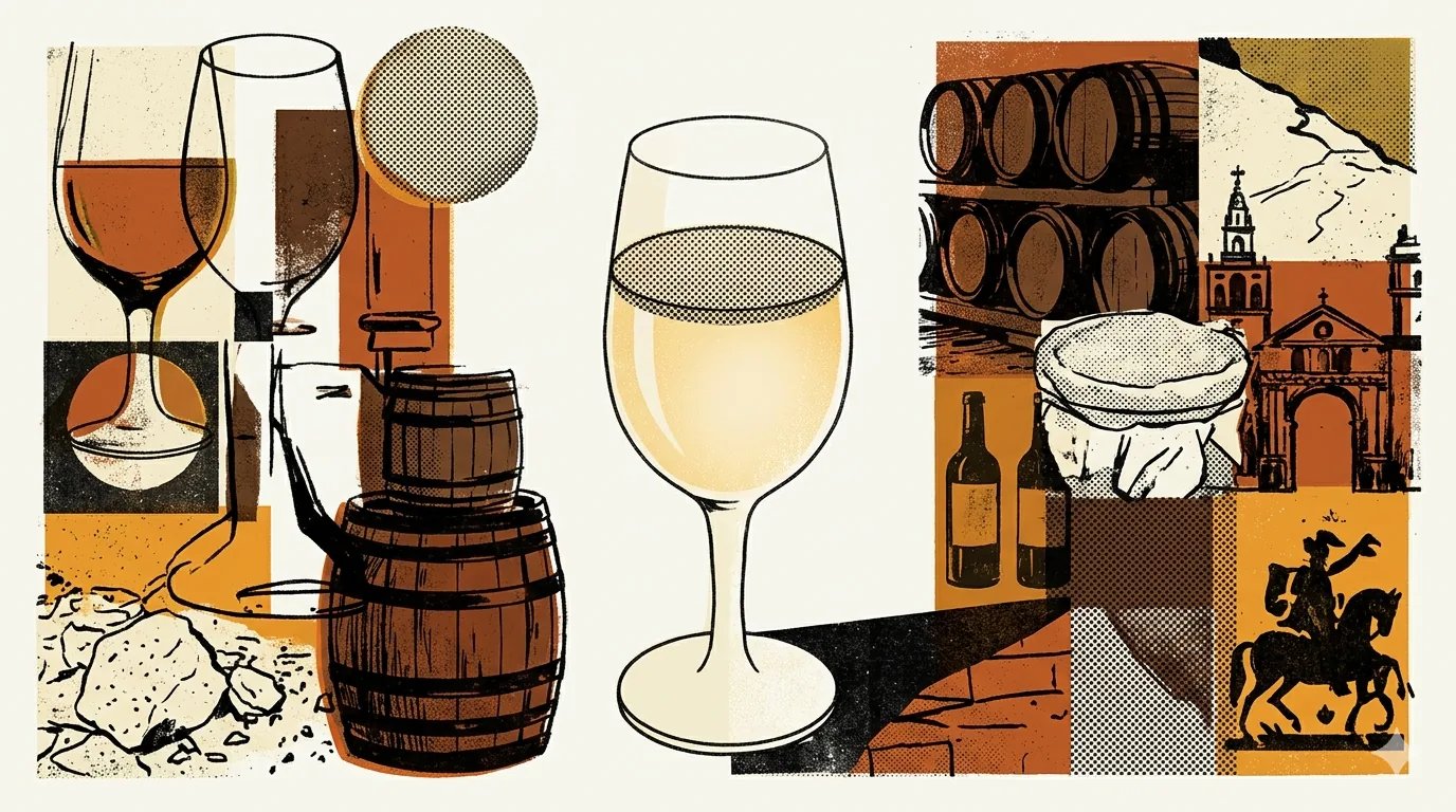 Editorial brutalist illustration of a copita with fino sherry and a white flor disc as a geometric fragment, in burgundy red, cream and oxidised gold
