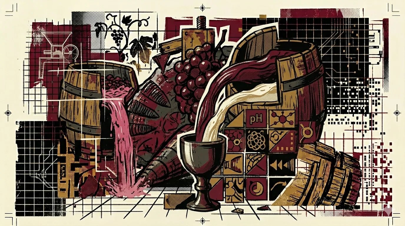 Two press vats split in two, one maceration and one assemblage stream, brutalist composition
