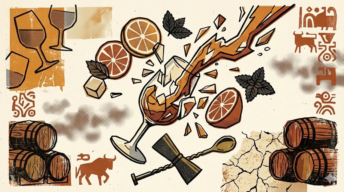 Editorial brutalist illustration of three cocktail glasses filled with sherry, halftone texture and deep red accents