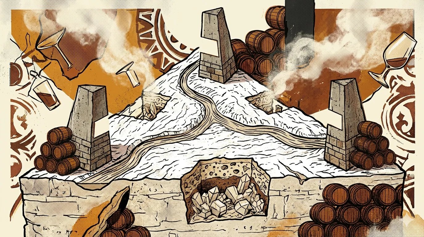 Brutalist illustration of the sherry triangle with white albariza chalk soil, three monolithic town silhouettes and Atlantic wind lines