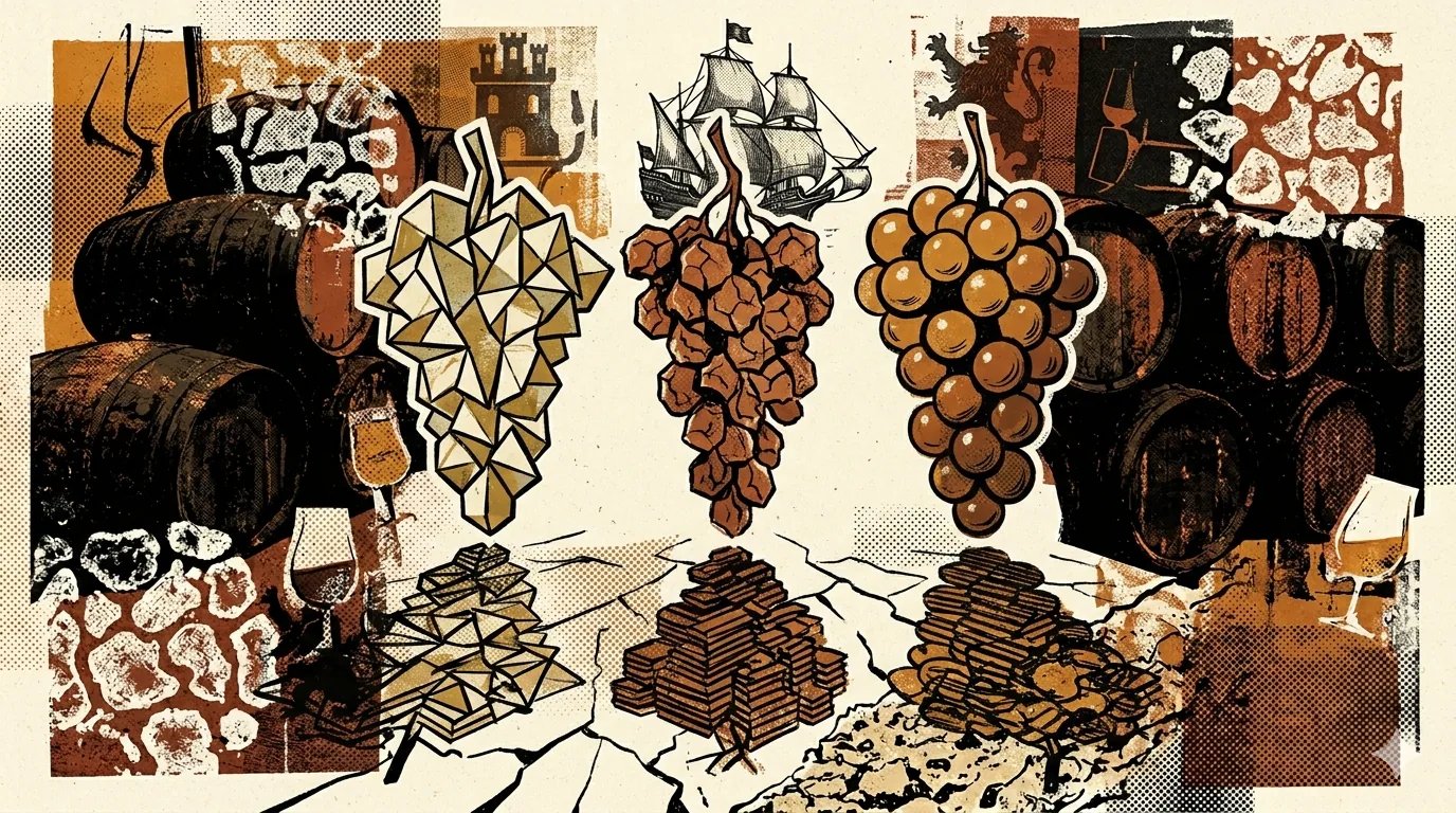 Editorial brutalist illustration of three grape clusters above white albariza soil under the Andalusian sun