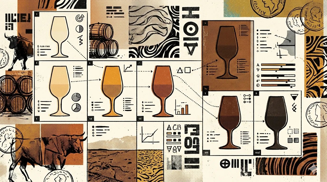 Brutalist illustration of sherry casks under a flor layer, split by a crystalline fracture line