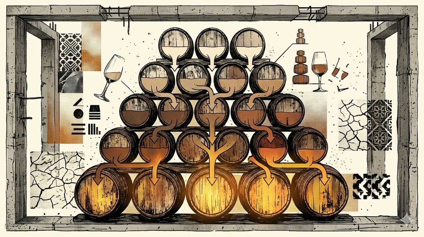 Editorial brutalist illustration of stacked sherry casks in a Jerez bodega with the solera on the floor and criaderas above