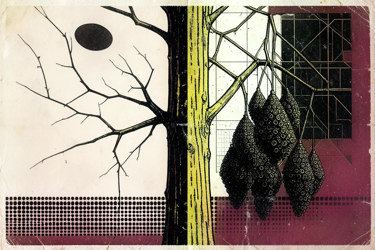 Split grapevine trunk, bare branches on the left, heavy bunches on the right